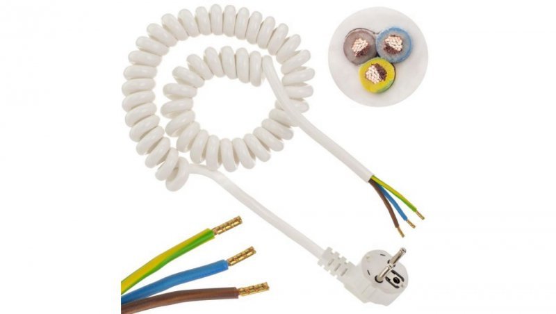 Przewód OMY spiralny H03VVH8-F z wtyczką 3x1 0,62m / 4m biały