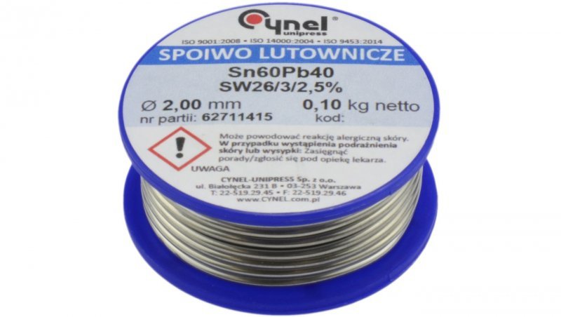 CYNEL UNIPRESS Cyna 2,00mm 100g Sn60Pb40 SW26/3/2.5 spoiwo lutownicze PROFESSIONAL
