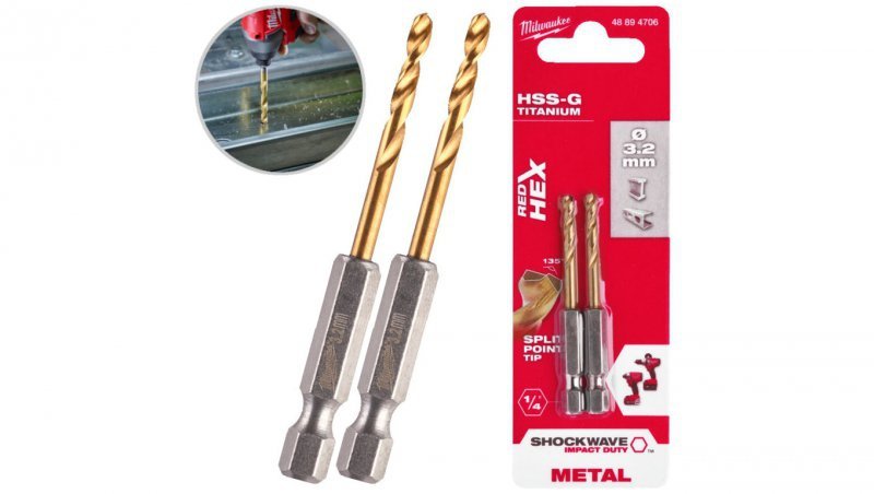 Wiertła do metalu HSS-G TiN walcowane 3,2x23/66,5mm Zestaw 2szt RED HEX SHOCKWAVE MILWAUKEE