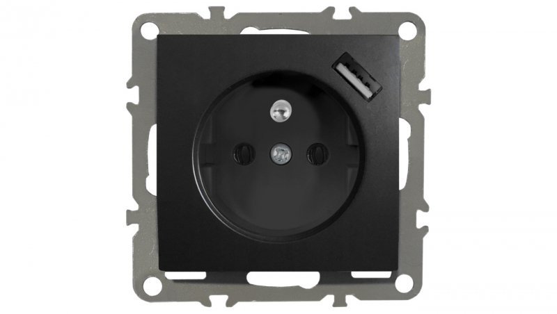 QUADRA GNIAZDKO Z BOLCEM, USB CZARNE DO RAMEK 230V