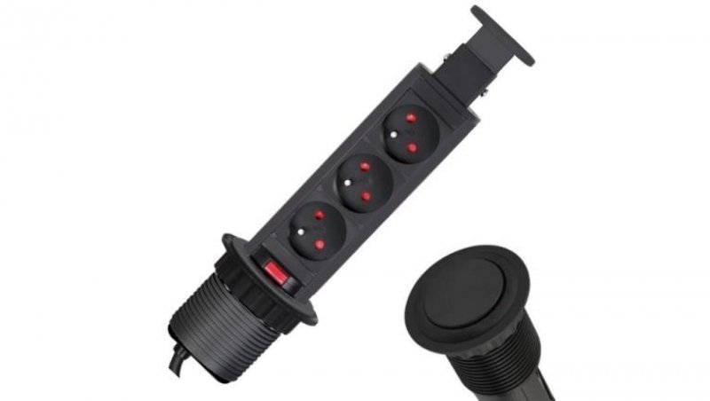 Rozgałęźnik meblowy na 3 gniazda 2P+Z 230V 16A okrągły wpuszczany w blat LIFT BOX 1,5m czarny