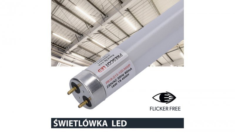 Świetlówka led T8 G13 120cm 18W 4000K 2100lm PC Prescot Flicker free