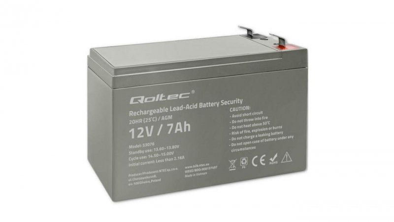 Qoltec Akumulator AGM 12V 7Ah Bezobsługowy Wydajny LongLife do UPS, security