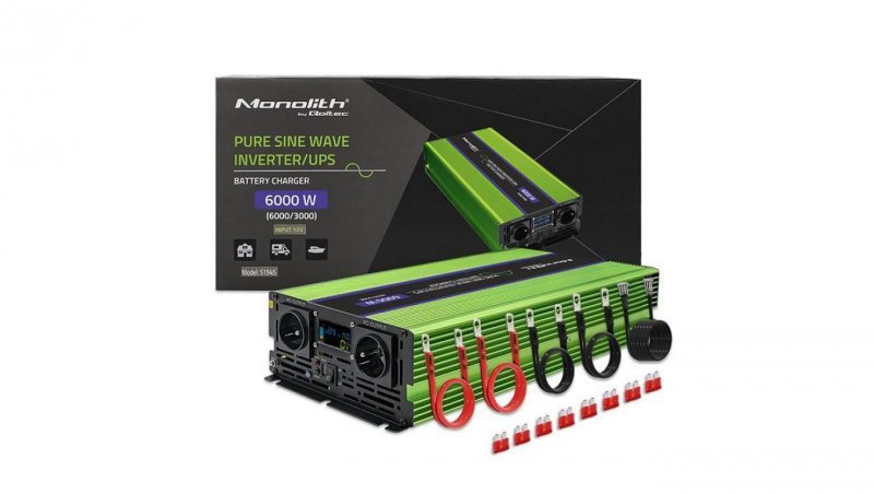 Qoltec Przetwornica napięcia Monolith ładowanie baterii UPS 3000W 6000W 12V na 230V Czysty Sinus LCD