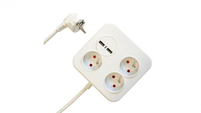 Przedłużacz Power Square 3gniazda+2USB (2,4A-12W) 1,4m 3x1,0mm OWY, biały / 34105