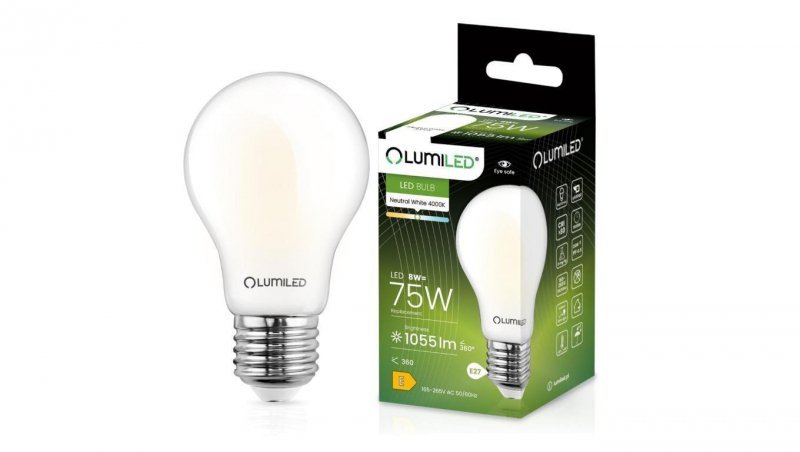 Żarówka LED E27 A60 8W = 75W 1055lm 4000K Neutralna 360 Filament Mleczna LUMILED