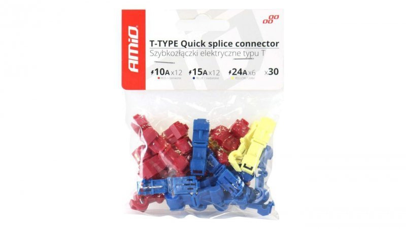Zestaw Szybkozłączek odgałęźnych typu T 12V/24V 10A-24A na przewody 0,5-6,0mm2 AMIO 30szt