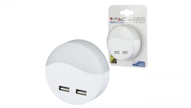 Lampka nocna do gniazdka z 2x USB 10lm 3000k, chip SAMSUNG IP20 WW V-TAC VT-84-RD 5 LAT GWARANCJI