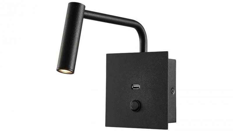 Kinkiet hotelowy LED 3W 180lm NW 3000K z włącznikiem i gniazdem USB ciepła czarny IP20 V-TAC VT-2943
