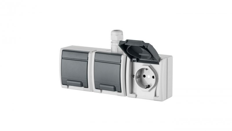 Gniazdo zasilające potrójne natynkowe hermetyczne IP65 szare z klapką 3x 2P+Z Schuko 16A Aquant