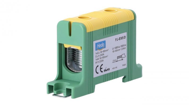 Blok rozdzielczy odgałęźny Al/Cu 16-95mm2 (max. 95mm2) na szynę TH35 żółto-zielony FJ-E95/D HEDO