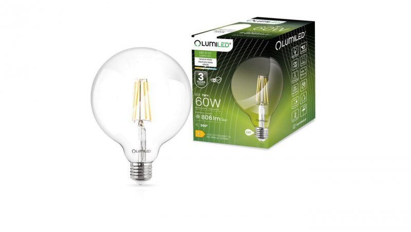 Żarówka Dekoracyjna Kulista LED E27 G125 7W 806lm 4000K Neutralna 360 Filament LUMILED globe