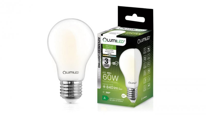 Żarówka LED E27 A60 4W 840lm 4000K Neutralna 360 Szklana ALS Lumiled