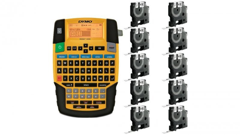 Drukarka etykiet DYMO Rhino 4200 dla elektryka, instalatora, przemysłu s0955990 + 10 taśm DYMO IND 9mm x 1,5m (biała / czarny na