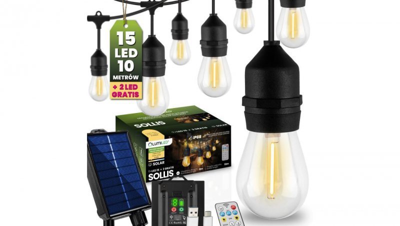 Girlanda Solarna Ogrodowa 15x LED Ozdobne Żarówki 10m + PILOT IP65 2700K Ciepła SOLLIS LUMILED