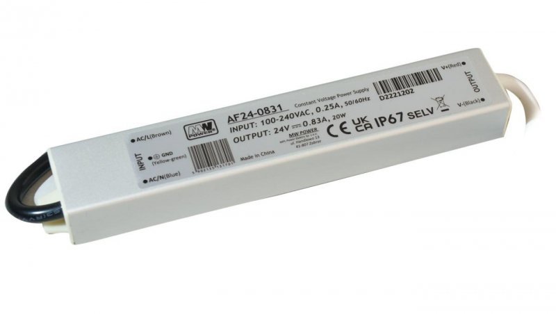Zasilacz LED 20W 24V 0,83A IP67 metalowa obudowa AF24-0831 MW POWER