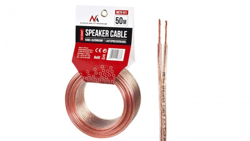 Kabel głośnikowy Maclean MCTV-511 2*1.5mm2 / 48*0.20CCA 3,5*7,0mm TRANSPARENT PVC 50m MCTV-511