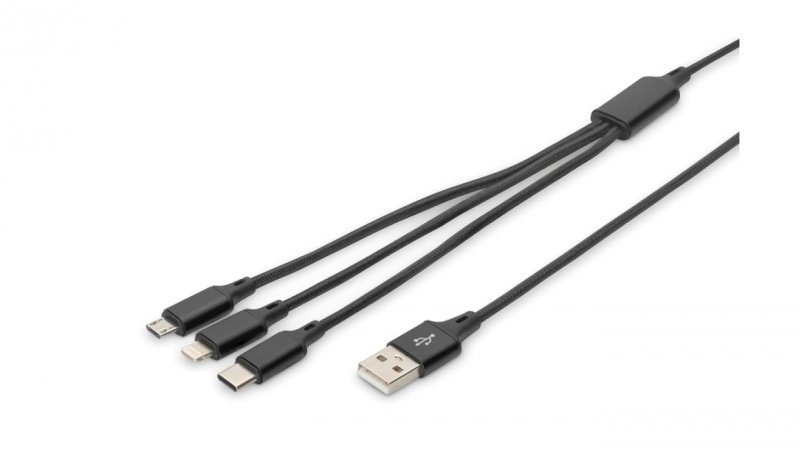 Kabel połączeniowy USB 3w1 Typ USB C + Lightning + micro USB B USB A  M-M 10W nylon czarny 1m AK-300160-010-S