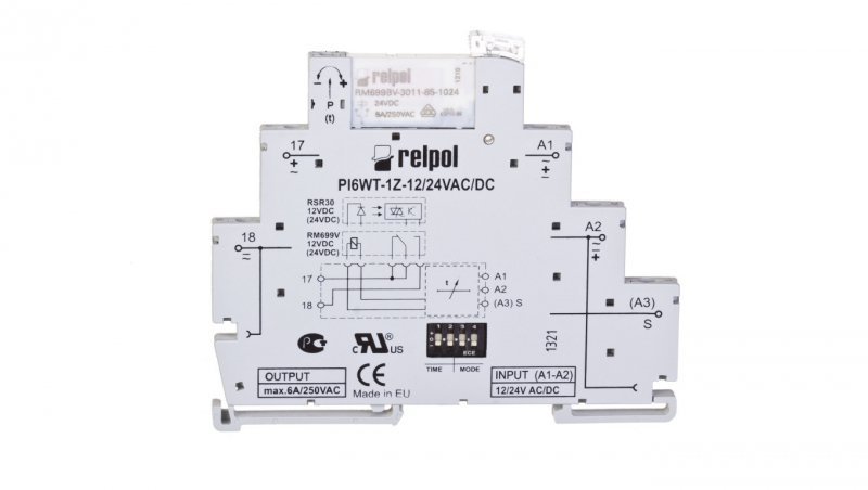 Przekaźnik czasowy wąskoprofilowy wielofunkcyjny 1Z 6A 1sek-10dni 24V AC/DC PIR6WT-1Z-24VAC/DC-R 857666