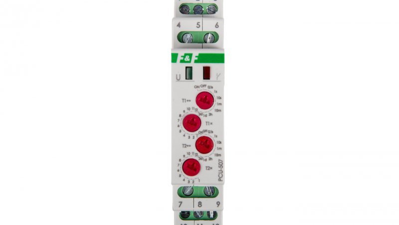 Przekaźnik czasowy 2P 8A 0,1sek-576h 230V AC opóźnione załączenie/wyłączenie - cykliczne PCU-507