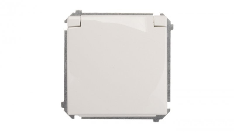 Simon Basic Gniazdo bryzgoszczelne z/u IP44 z przesłoną torów i klapką białe BMGZ1Bz.01/11