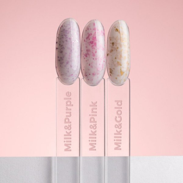Mleczna baza kauczukowa z różowo metalicznymi płatkami Flakes Rubber Base Milk&amp;Pink MollyLac HEMA Free 10 gram