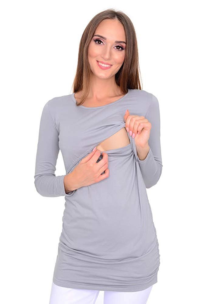 MijaCulture – 2 in 1 Maternity and Nursing Shirt top 95% Cotton 3075  Grey