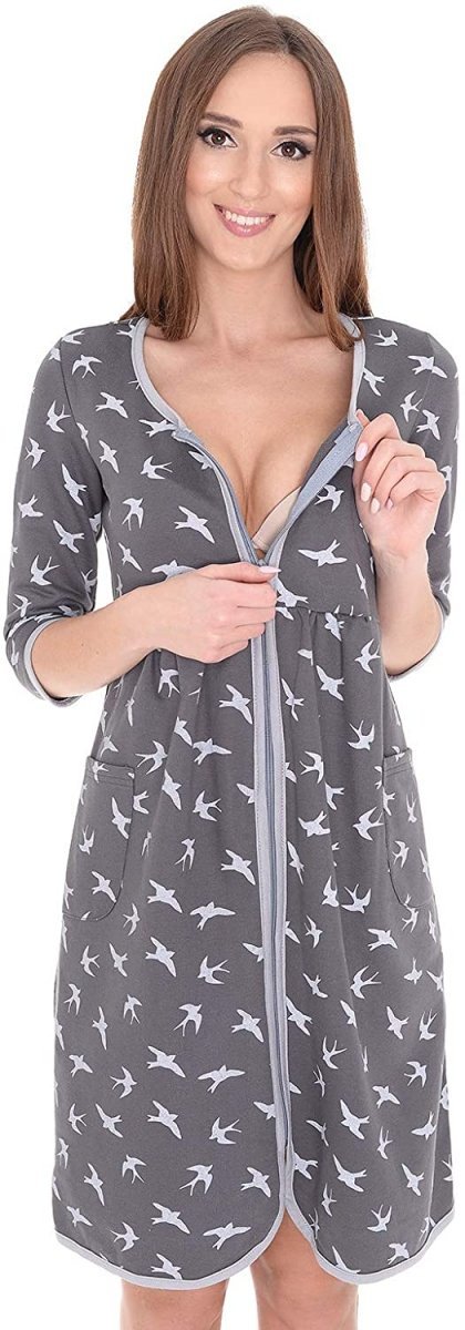 MijaCulture - szlafrok 2 w 1 ciążowy i do karmienia 4026 grafit/ptaki2