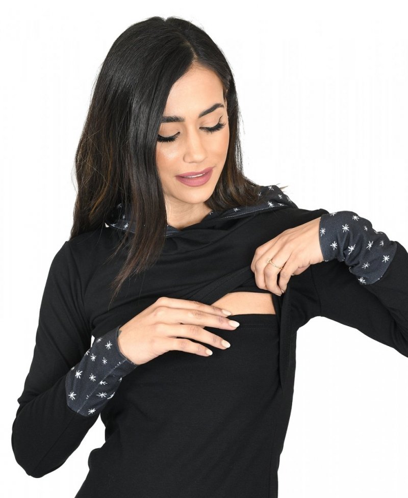 MijaCulture – 3 in1 maternity hoodie, for breastfeeding and after „Neli” M007 black /stars