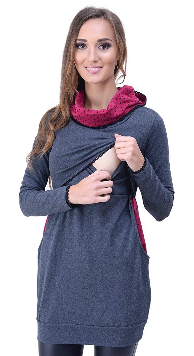 MijaCulture – Cute 2 in1 Maternity and Nursing Pullover Sweater Sweatshirt Ellie 7129  Graphit / Burgundy