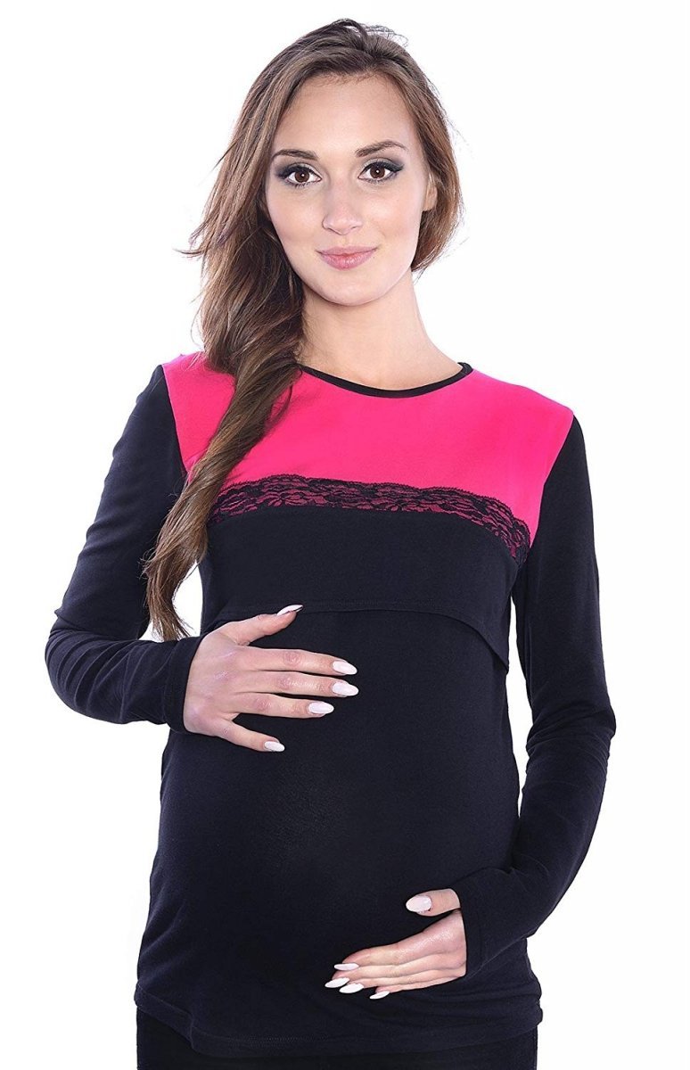 Bluzka 2 w 1 ciążowa i do karmienia „Ivana” z ozdobną koronką 9008 czarny/różowy1