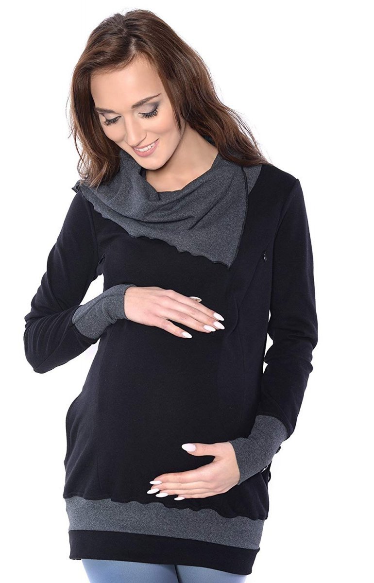 MijaCulture - bluza 3 w1 ciążowa  i do karmienia z asymetrycznym kołnierzem 4020/M05 czarny/grafit