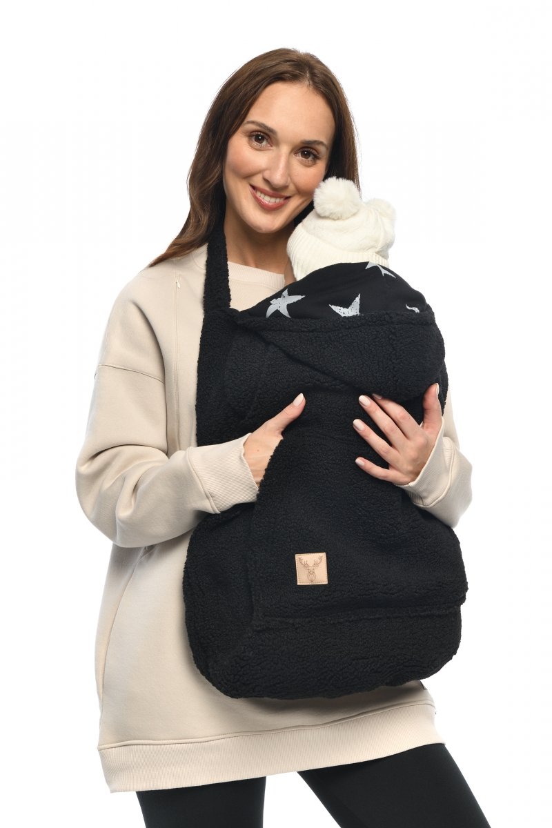 MijaCulture - ciepła osłonka baranek / miś / polar TEDDY uniwersalna do nosidełka, chusty dla niemowląt M025 czarna/gwiazdki