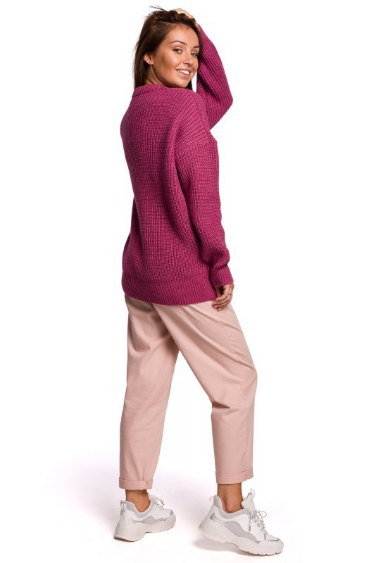 Be Knit BK052 Długi sweter w prążek - wrzosowy