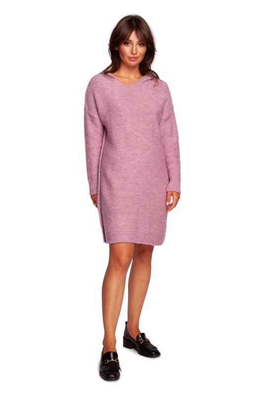 Be Knit BK089 Sweter sukienka z kapturem - pudrowy