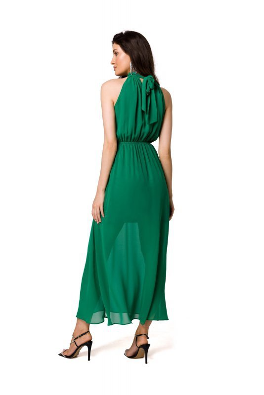 Makover K169 Sukienka szyfonowa maxi wiązana wokół szyi - soczysta zieleń