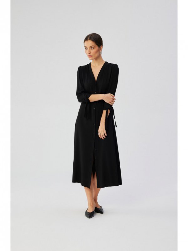 Stylove S365 Sukienka midi z wiązanymi mankietami - czarna