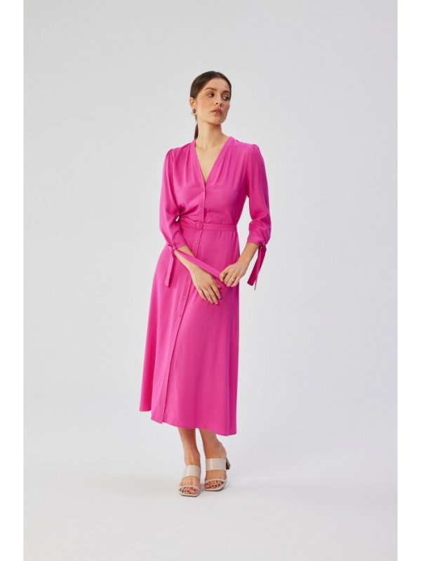 Stylove S365 Sukienka midi z wiązanymi mankietami - liliowa