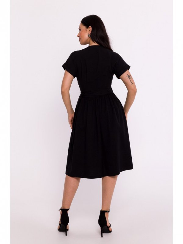 BeWear B279 Sukienka na zakładkę z wiązaniem w talii - czarna