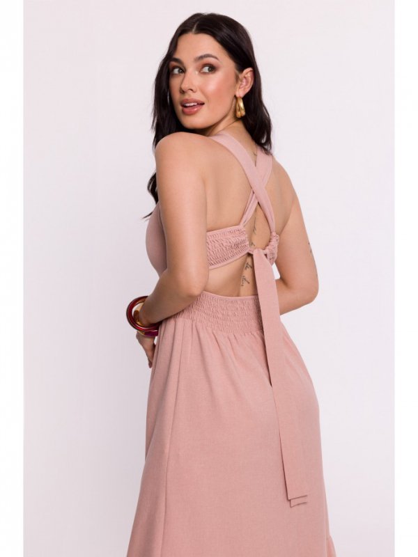 BeWear B281 Sukienka z gumowanym paskiem i wiązaniem na plecach - różowa