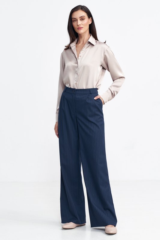 Nife Spodnie z zakładkami, wide leg, prążek - granat - SD105