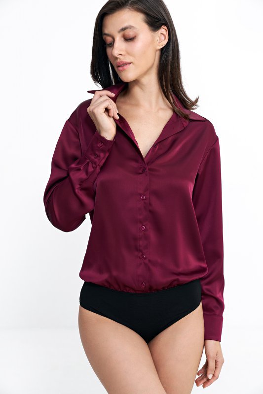 Nife Satynowa koszula body - bordo - K80