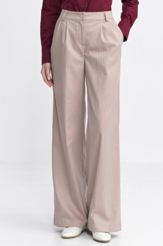 Nife Spodnie z zakładkami, wide leg, prążek - beż - SD105