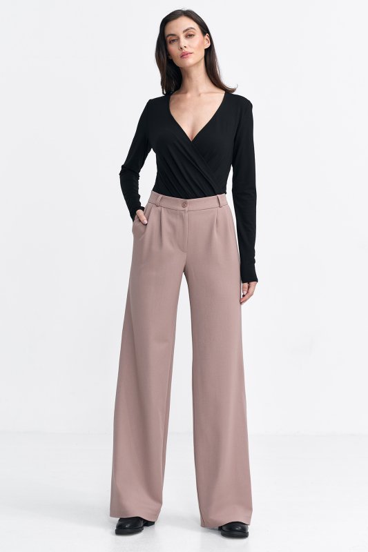 Nife Spodnie z zakładkami, wide leg - beż - SD104