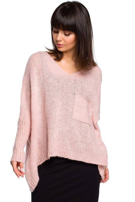 Be Knit BK018 Luźny sweter z kieszenią - różowy