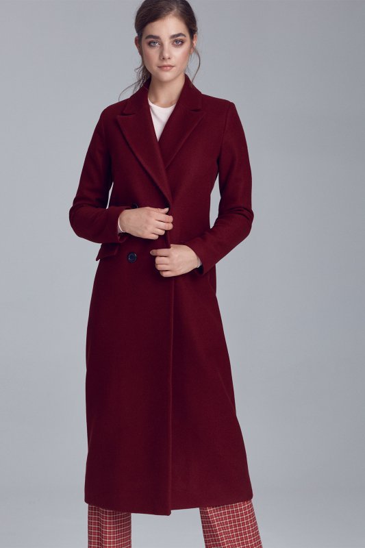 Nife Elegancki bordowy płaszcz dwurzędowy - PL06
