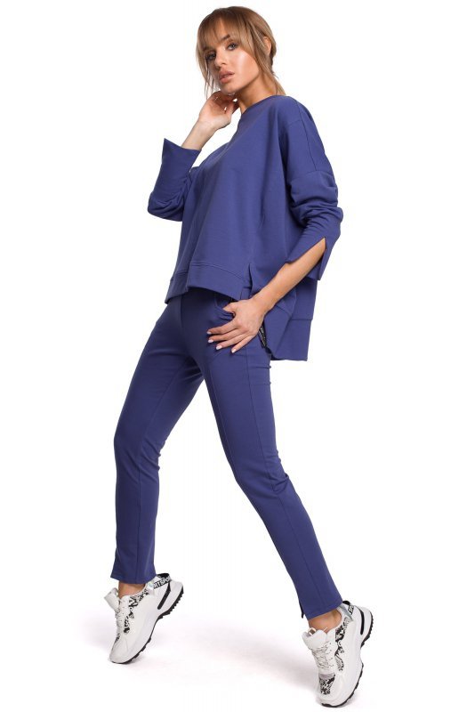 Moe M491 Bluza z rozcięciami na bokach i lampasem - indygo