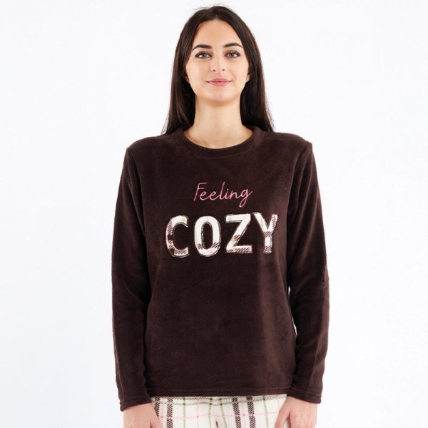 Sorbetto LILIANA Polarowa piżama damska z napisem, brązowa