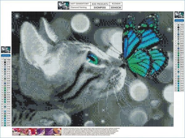 Haft Diamentowy, Obraz, Mozaika Diamentowa Diamond Painting, KOT Z TURKUSOWYM MOTYLKIEM 40x30cm - WYSYŁKA 24H