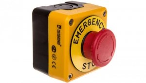 Kaseta sterownicza czarno-żółta stop bezpieczeństwa, ryglowany 40 mm (1NC) z tabliczką opisową Emergency Stop, T0-P1EC400E40K